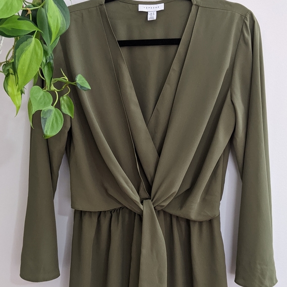 TOPSHOP Olive Green Tie Front Mini Dress - Picture 5 of 9